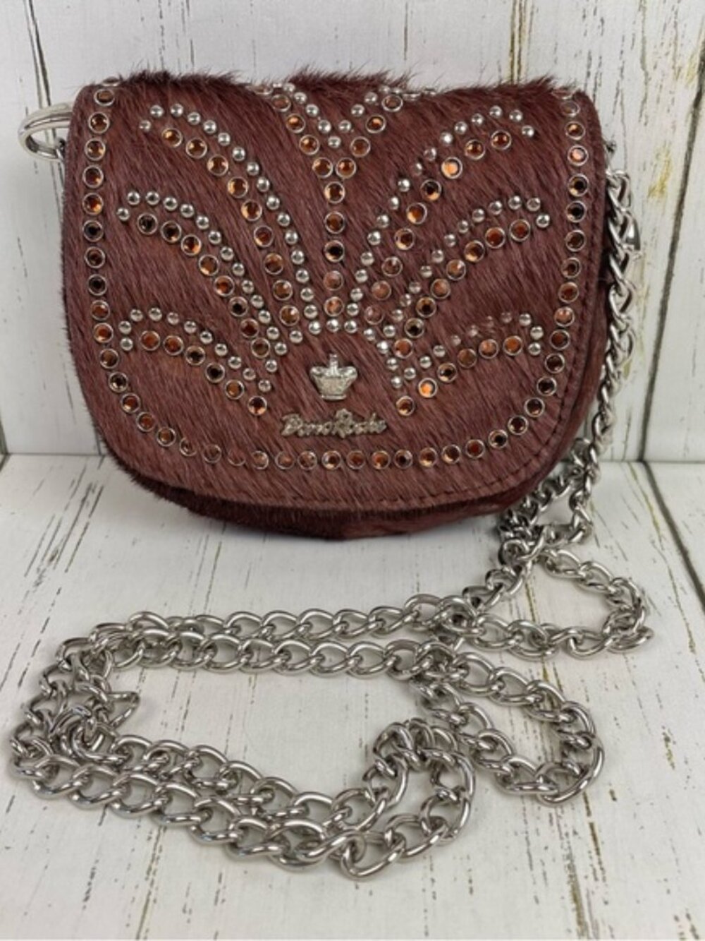 Bono Rocks Brown‎ Cowhide Rhinestone Embellished Fur Crossbody/Belt Bag